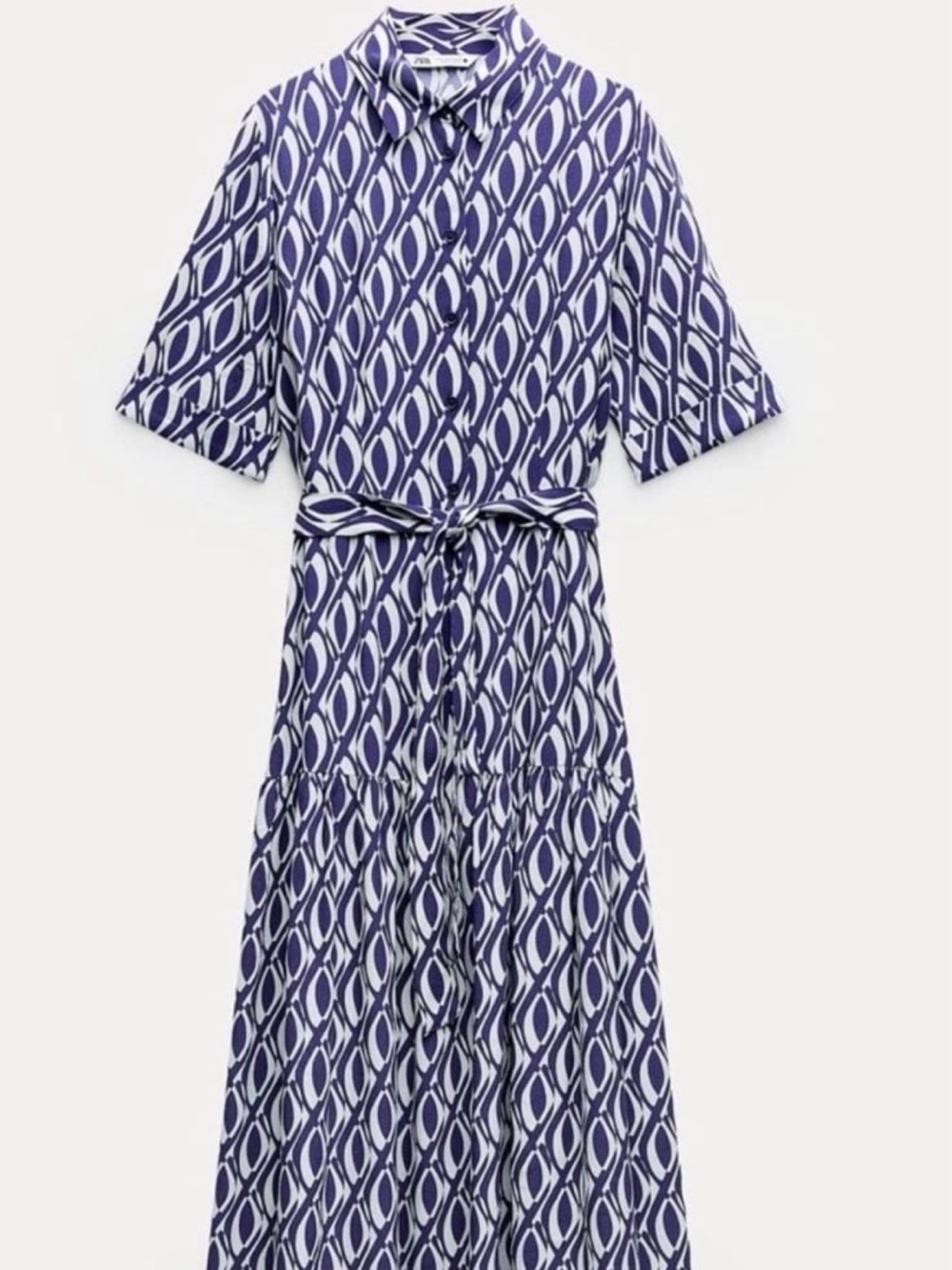 Zara NWOT Blue/White Maxi Dress W/ SS, Button Front, Drop Waist, Tie Belt Small